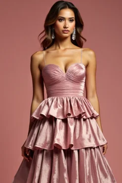 Glitter Dusty Rose Uma Linha Esparguete Correias Folhos Vestido de Baile