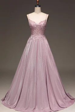 Glitter Esparguete Correias Blush Prom Dress com Missangas