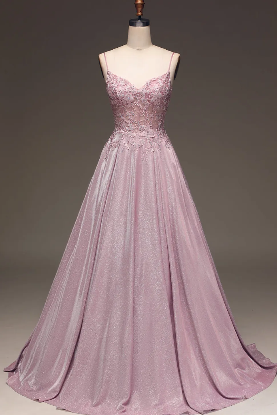 Glitter Esparguete Correias Blush Prom Dress com Missangas