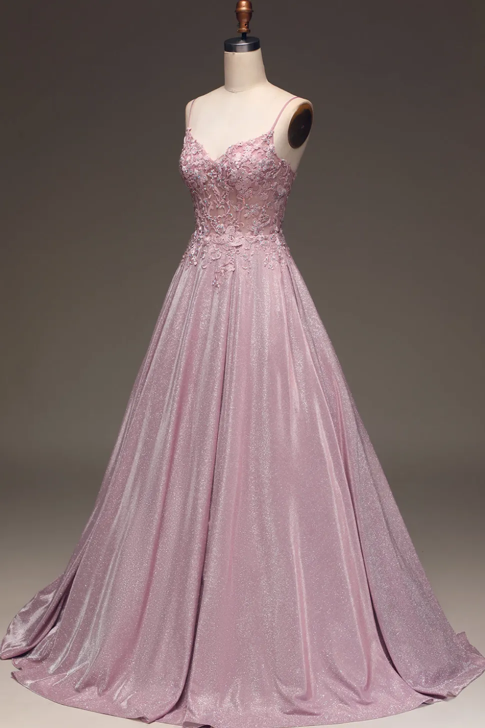 Glitter Esparguete Correias Blush Prom Dress com Missangas