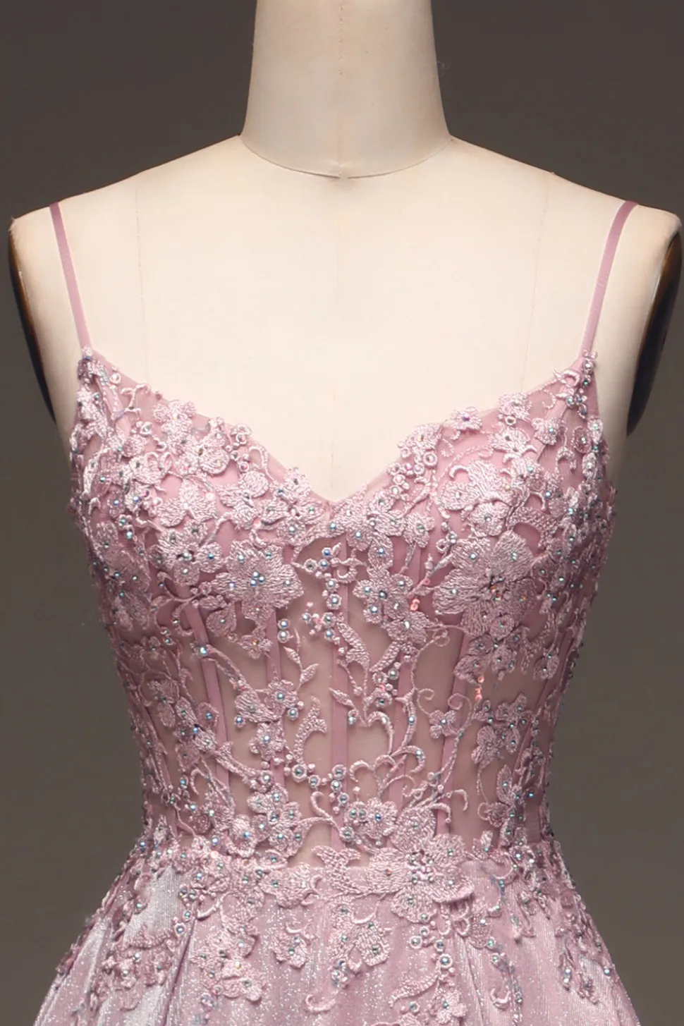 Glitter Esparguete Correias Blush Prom Dress com Missangas