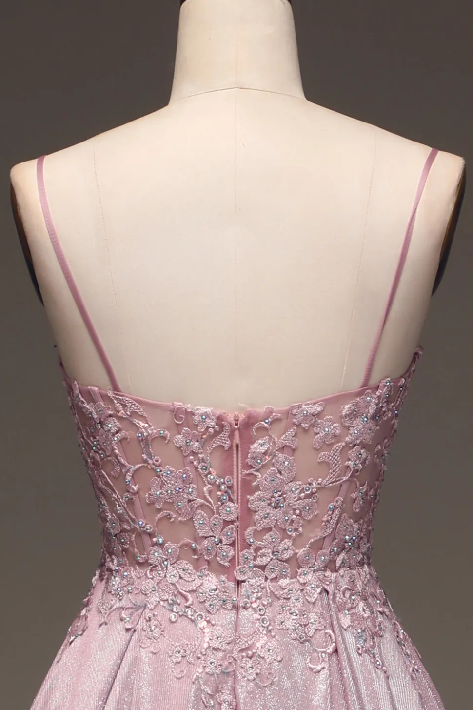 Glitter Esparguete Correias Blush Prom Dress com Missangas