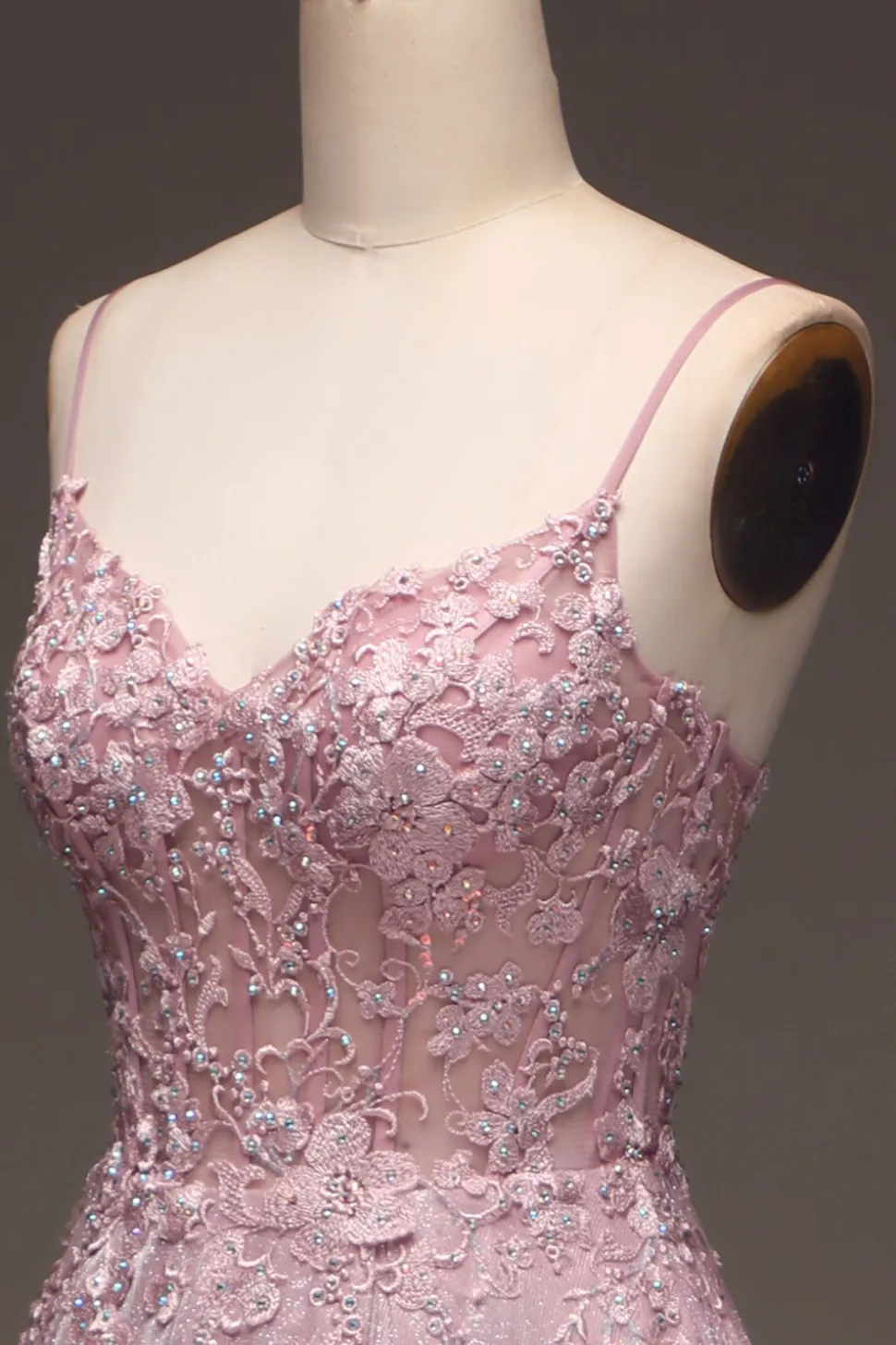 Glitter Esparguete Correias Blush Prom Dress com Missangas