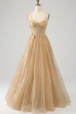 Glitter Espartilho Dourado Vestido Longo Baile de Formatura com Flores