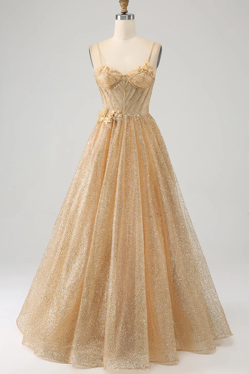 Glitter Espartilho Dourado Vestido Longo Baile de Formatura com Flores