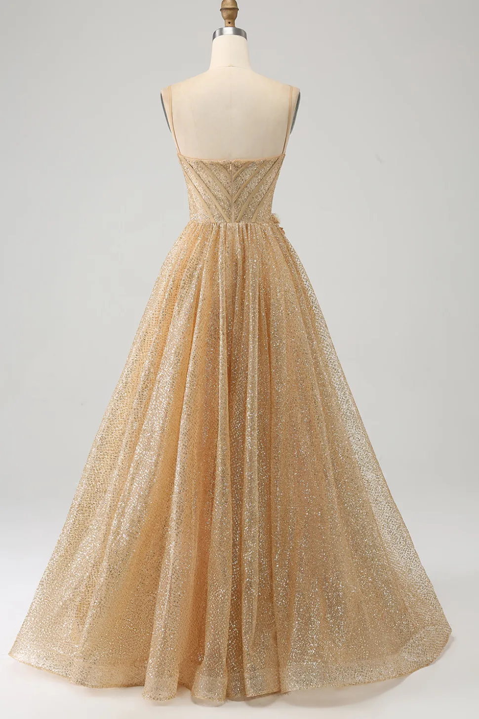 Glitter Espartilho Dourado Vestido Longo Baile de Formatura com Flores