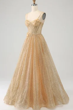 Glitter Espartilho Dourado Vestido Longo Baile de Formatura com Flores
