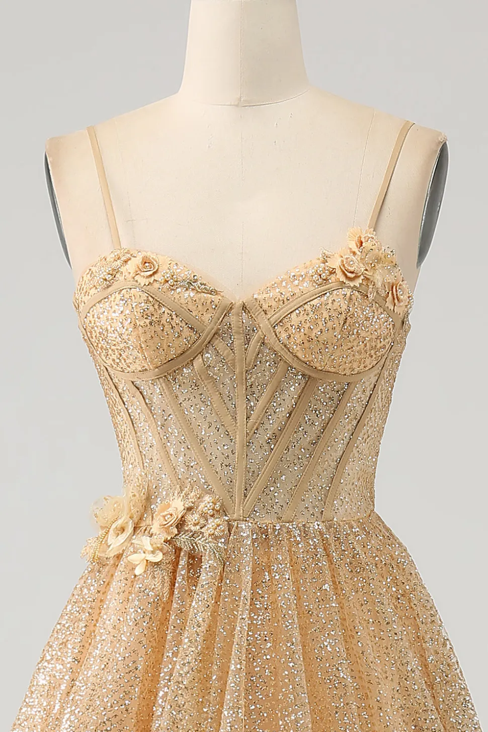 Glitter Espartilho Dourado Vestido Longo Baile de Formatura com Flores