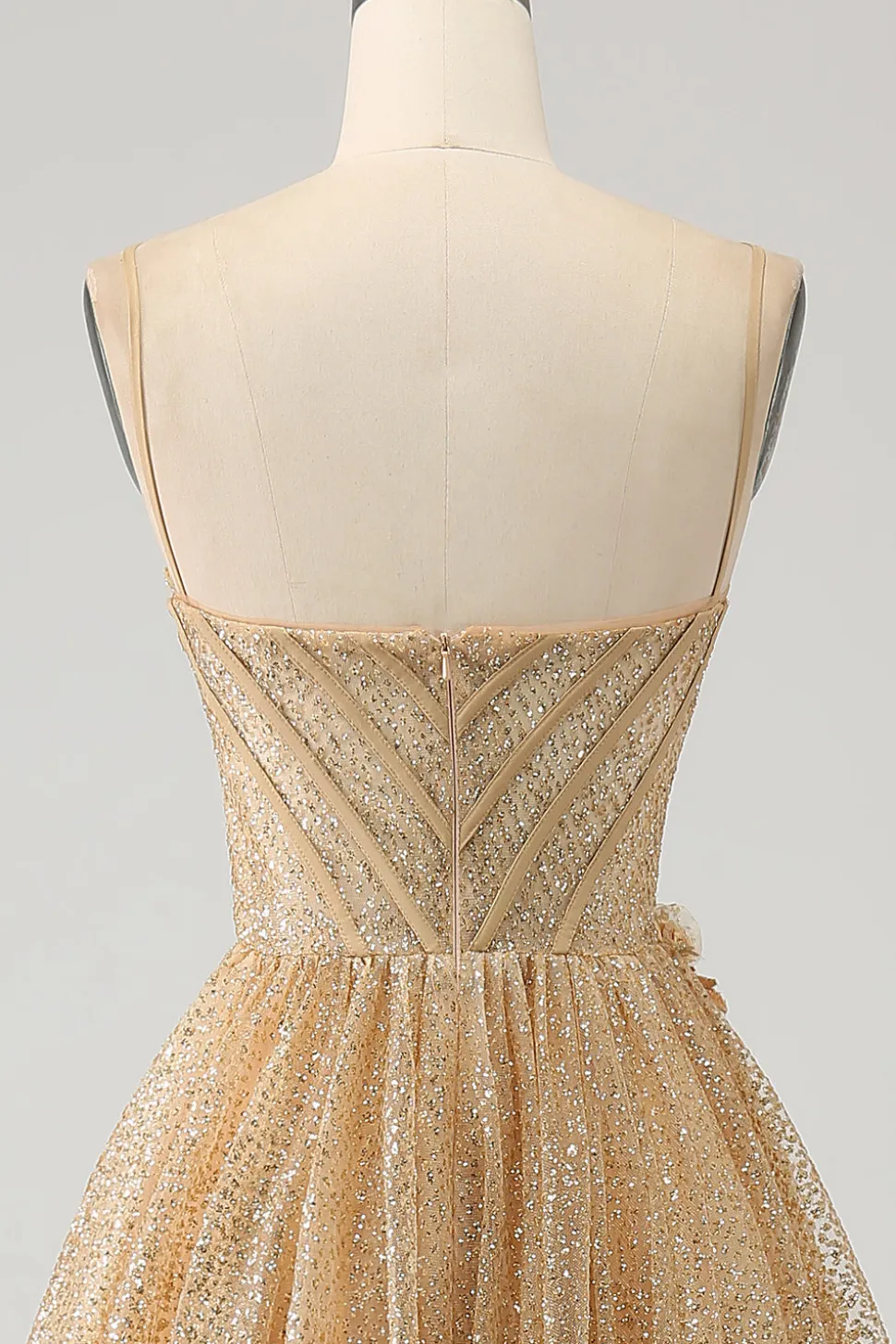 Glitter Espartilho Dourado Vestido Longo Baile de Formatura com Flores
