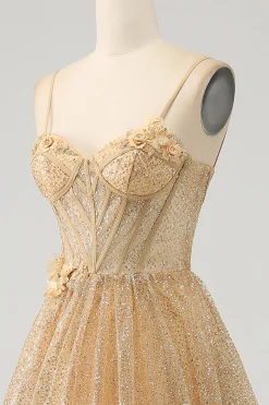 Glitter Espartilho Dourado Vestido Longo Baile de Formatura com Flores