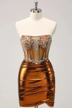 Glitter frisado espartilho de cobre plissado sem alças curto apertado Homecoming Dress