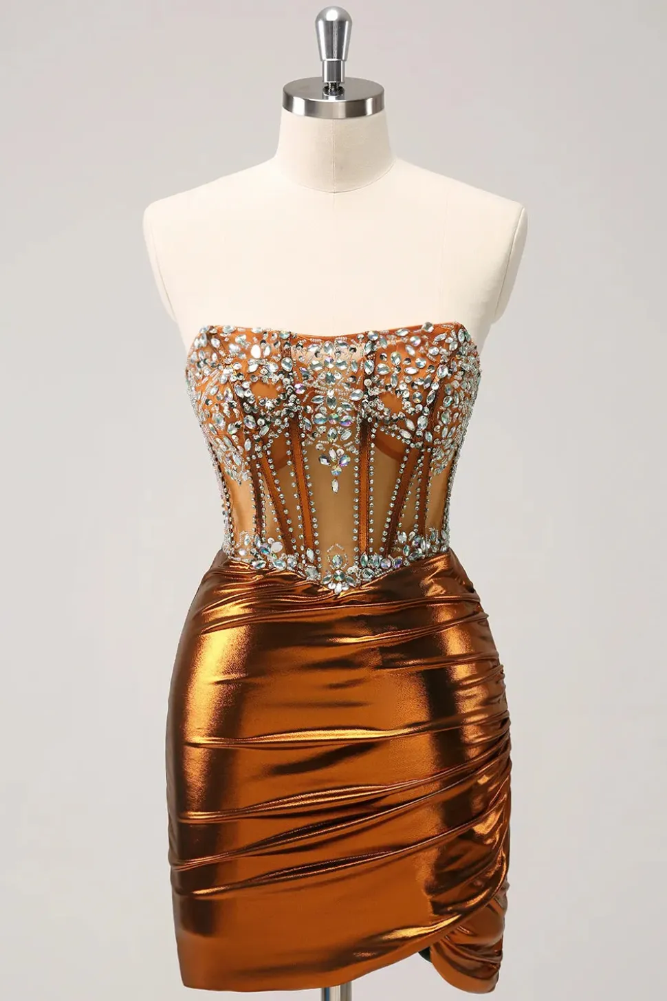 Glitter frisado espartilho de cobre plissado sem alças curto apertado Homecoming Dress