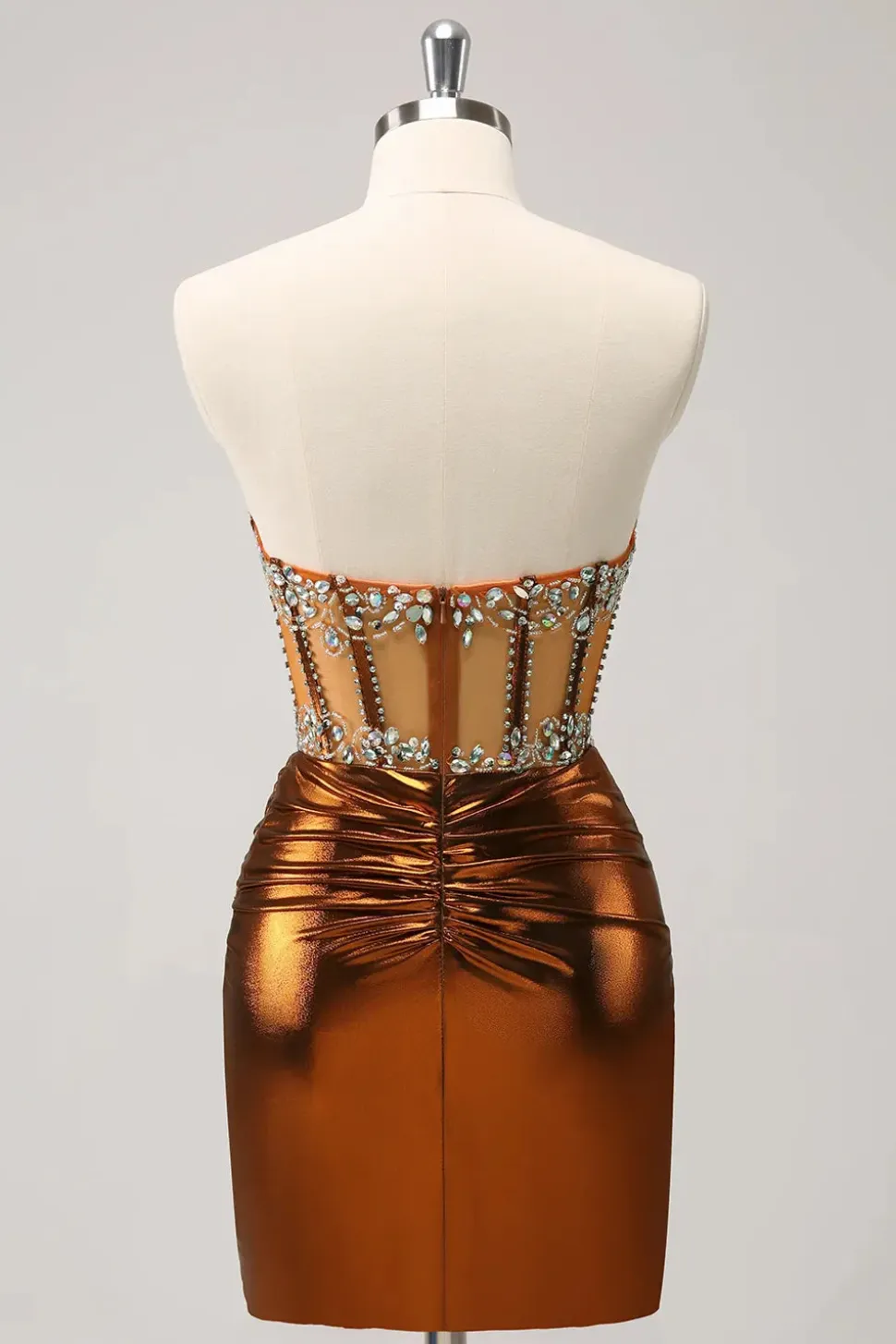 Glitter frisado espartilho de cobre plissado sem alças curto apertado Homecoming Dress