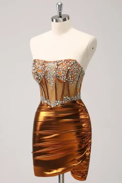 Glitter frisado espartilho de cobre plissado sem alças curto apertado Homecoming Dress