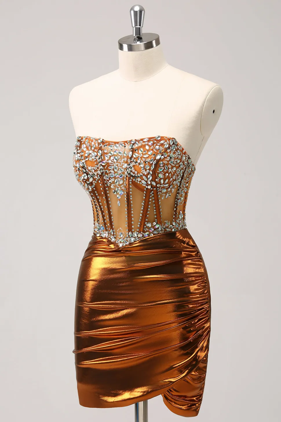 Glitter frisado espartilho de cobre plissado sem alças curto apertado Homecoming Dress