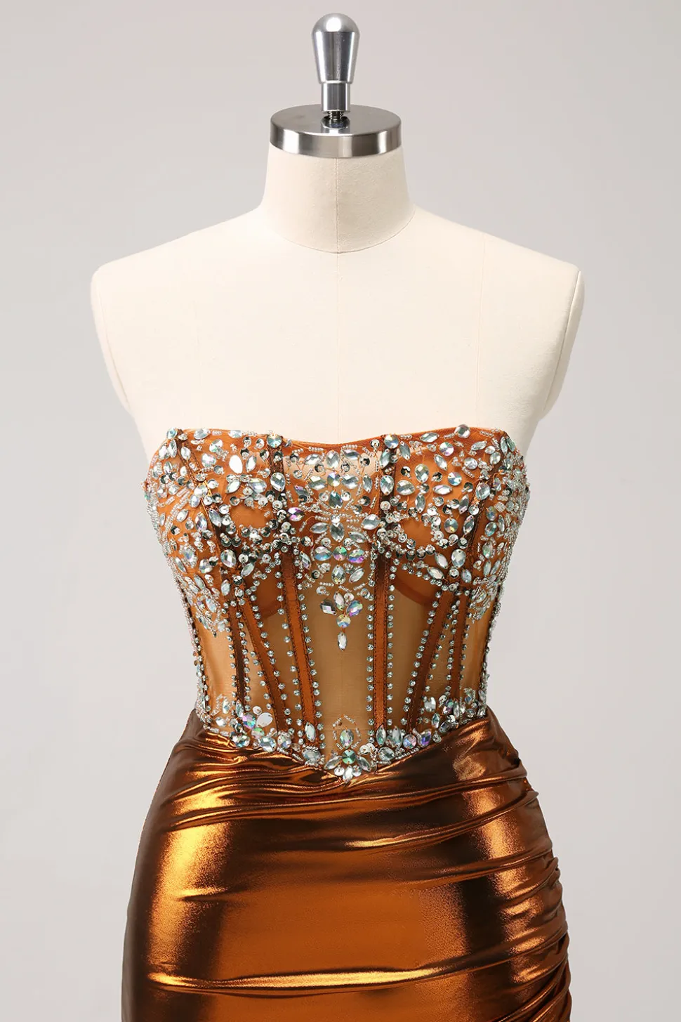 Glitter frisado espartilho de cobre plissado sem alças curto apertado Homecoming Dress