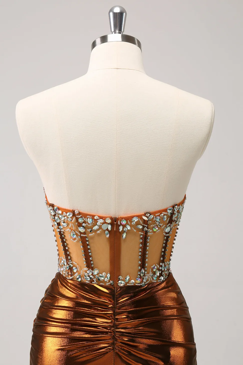 Glitter frisado espartilho de cobre plissado sem alças curto apertado Homecoming Dress