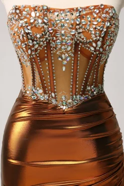 Glitter frisado espartilho de cobre plissado sem alças curto apertado Homecoming Dress