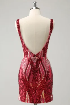 Glitter Fuchsia Bodycon V Pescoço Backless Vestido Curto Homecoming com Sequins