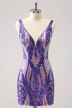 Glitter Fuchsia Bodycon V Pescoço Backless Vestido Curto Homecoming com Sequins