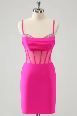 Glitter Fuchsia Esparguete Correias Apertado Corset Homecoming Dress com Missangas