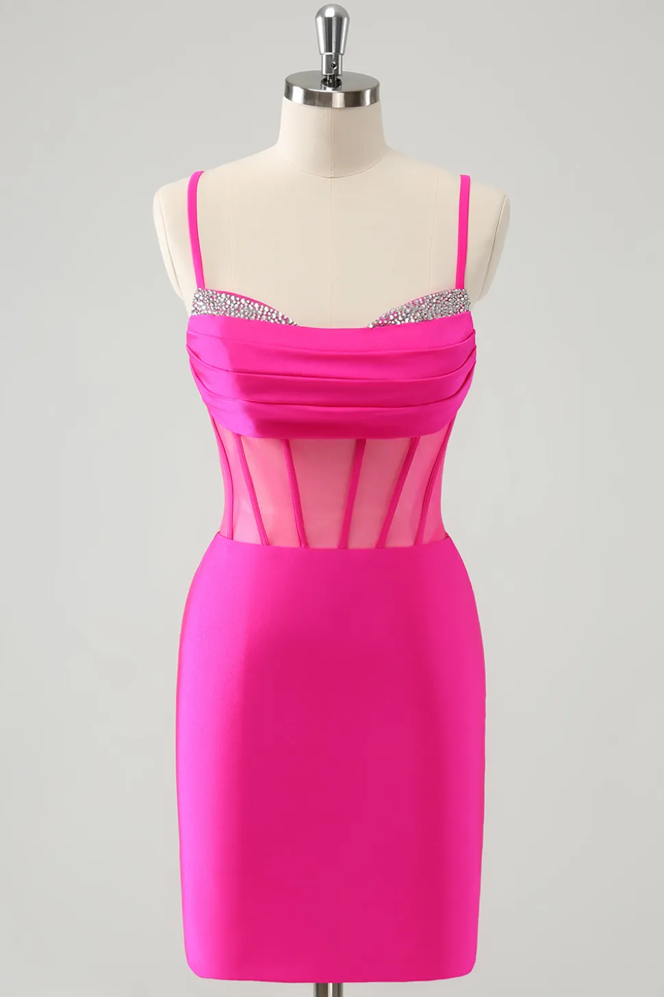 Glitter Fuchsia Esparguete Correias Apertado Corset Homecoming Dress com Missangas