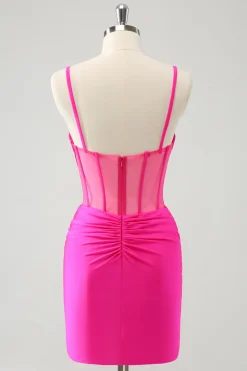 Glitter Fuchsia Esparguete Correias Apertado Corset Homecoming Dress com Missangas