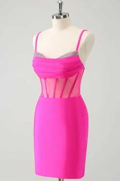 Glitter Fuchsia Esparguete Correias Apertado Corset Homecoming Dress com Missangas