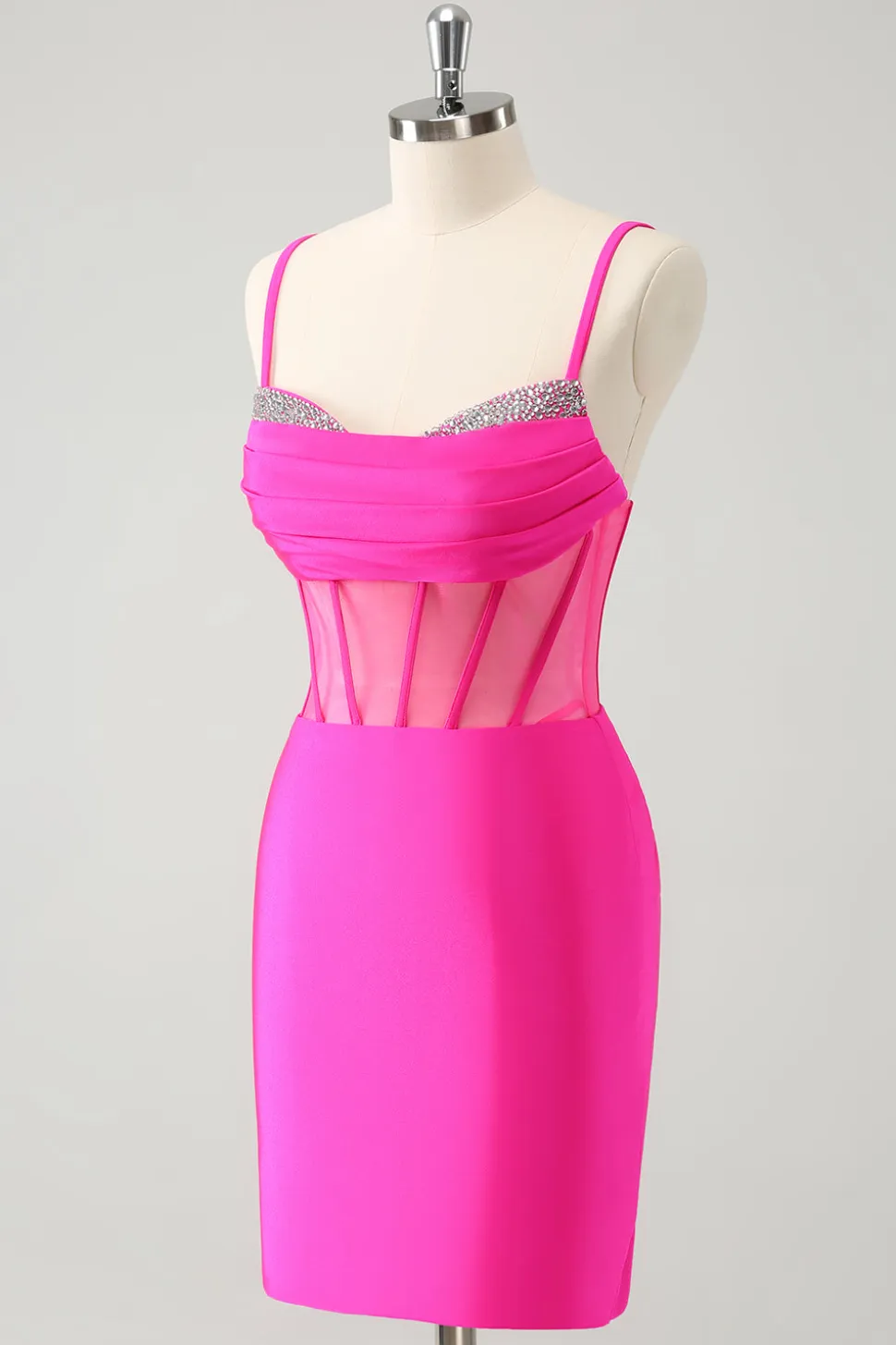 Glitter Fuchsia Esparguete Correias Apertado Corset Homecoming Dress com Missangas