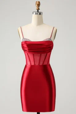 Glitter Fuchsia Esparguete Correias Apertado Corset Homecoming Dress com Missangas