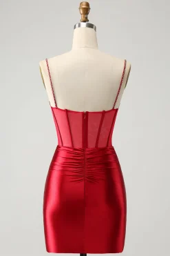 Glitter Fuchsia Esparguete Correias Apertado Corset Homecoming Dress com Missangas