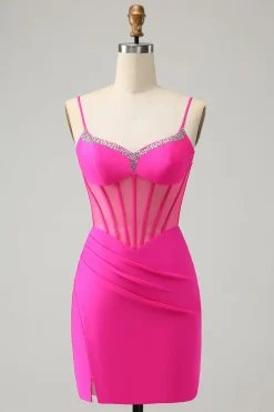 Glitter Fuchsia frisado espartilho apertado curto Homecoming Dress com fenda