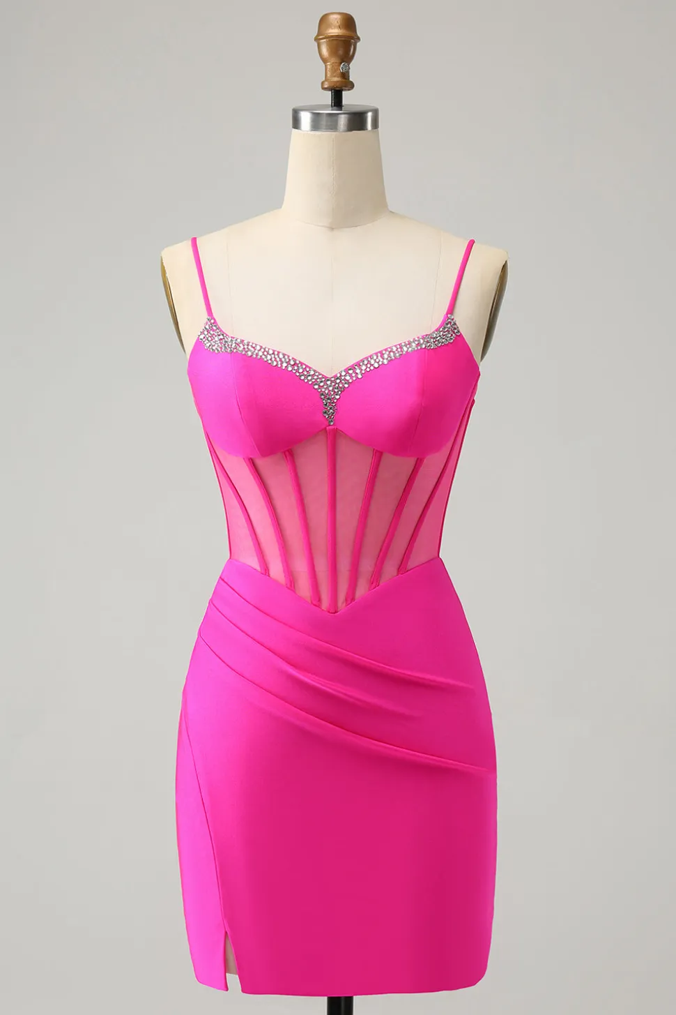 Glitter Fuchsia frisado espartilho apertado curto Homecoming Dress com fenda