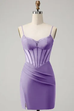 Glitter Fuchsia frisado espartilho apertado curto Homecoming Dress com fenda