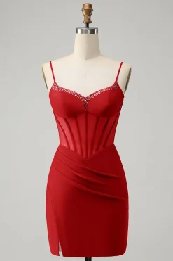 Glitter Fuchsia frisado espartilho apertado curto Homecoming Dress com fenda