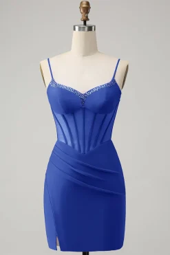 Glitter Fuchsia frisado espartilho apertado curto Homecoming Dress com fenda