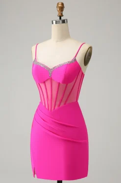 Glitter Fuchsia frisado espartilho apertado curto Homecoming Dress com fenda