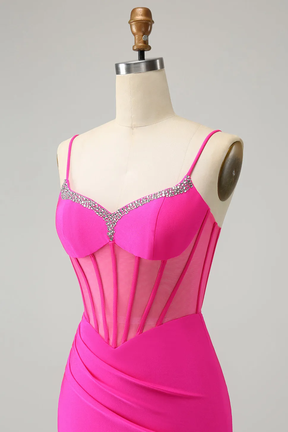 Glitter Fuchsia frisado espartilho apertado curto Homecoming Dress com fenda