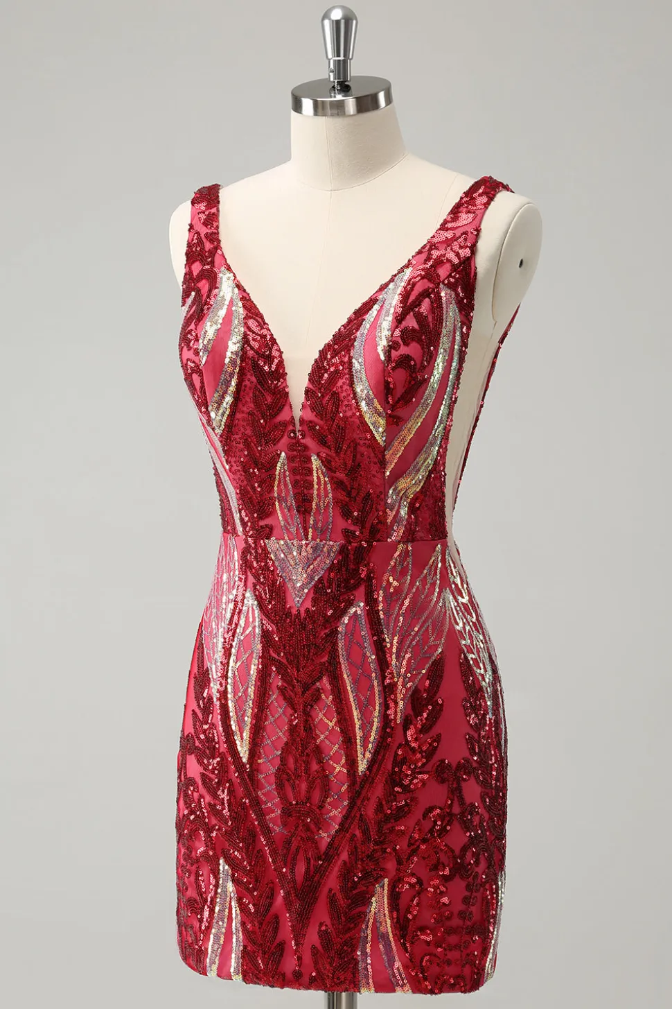 Glitter Fuchsia V Neck Tight Backless Vestido Curto Homecoming com Sequins