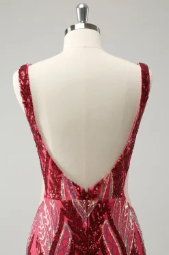 Glitter Fuchsia V Neck Tight Backless Vestido Curto Homecoming com Sequins