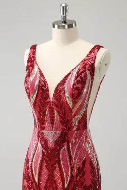Glitter Fuchsia V Neck Tight Backless Vestido Curto Homecoming com Sequins