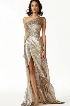 Glitter Gold Sheath Um ombro Ruched Prom Dress com fenda