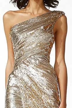 Glitter Gold Sheath Um ombro Ruched Prom Dress com fenda