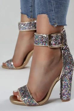 Glitter Golden Dedo Aberto Fivela Sapatos de Festa