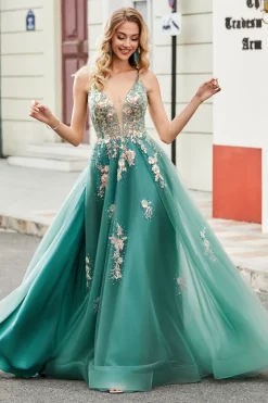 Glitter Green A-Line Spaghetti Correias Long Prom Dress com apliques de lantejoulas brilhantes
