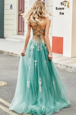 Glitter Green A-Line Spaghetti Correias Long Prom Dress com apliques de lantejoulas brilhantes