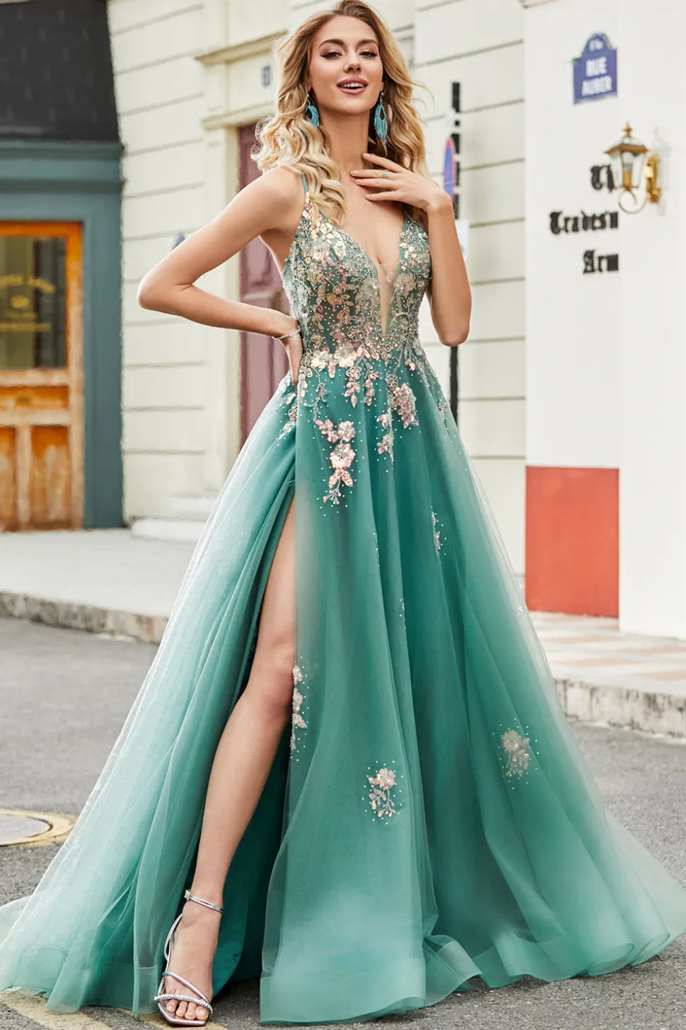 Glitter Green A-Line Spaghetti Correias Long Prom Dress com apliques de lantejoulas brilhantes