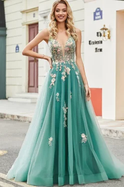 Glitter Green A-Line Spaghetti Correias Long Prom Dress com apliques de lantejoulas brilhantes