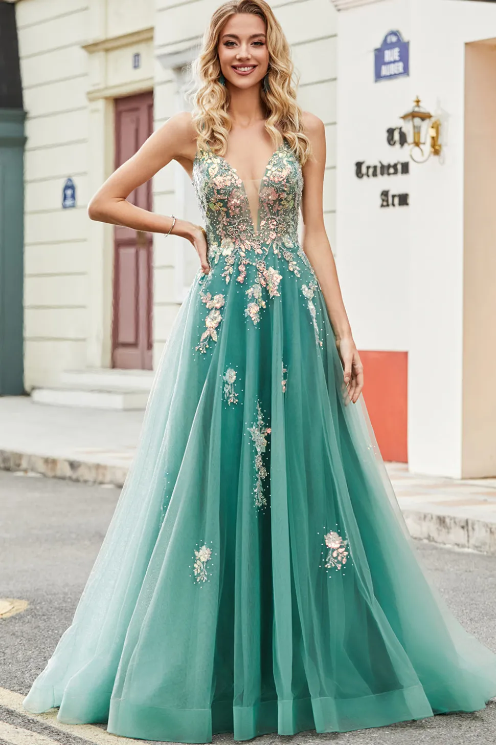 Glitter Green A-Line Spaghetti Correias Long Prom Dress com apliques de lantejoulas brilhantes