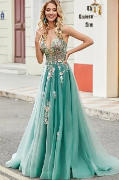 Glitter Green A-Line Spaghetti Correias Long Prom Dress com apliques de lantejoulas brilhantes